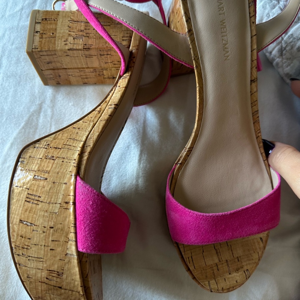 Stuart Weitzman Fuchsia Suede Cork Wedges